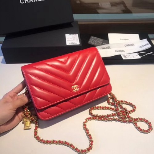 Chanel WOC Originele schapenvacht lederen flap schoudertas D33814 rood