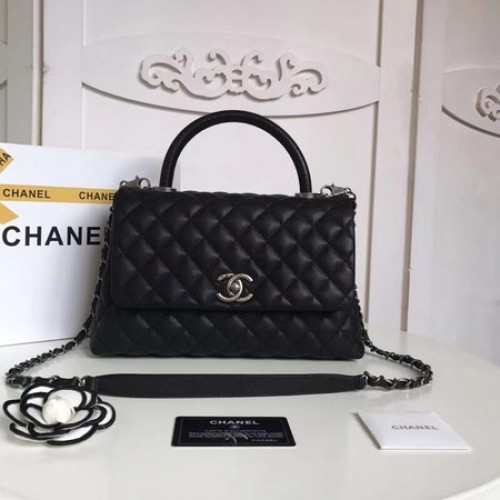 Chanel Classic zwarte Top Handle Bag Original Schapenvacht Leer A92215 zwart