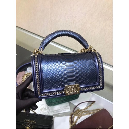 BOY CHANEL Flap Bag met hengsel Python ruthenium-afwerking metaal A94804 blauw