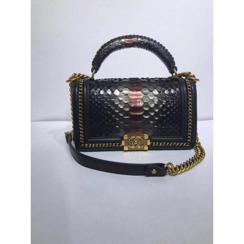 BOY CHANEL Flap Bag met handvat Python ruthenium-afwerking metaal A94804 zwart
