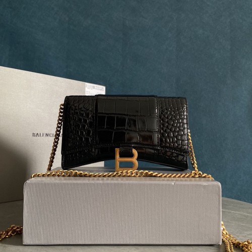 Balenciaga ZANDLOPER Portemonnee Met Ketting Krokodil Reliëf 656050 Zwart