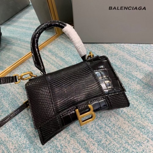 Balenciaga Hourglass XS Top Handle Bag glanzend kalfsleer met krokodillenreliëf B108892E zwart