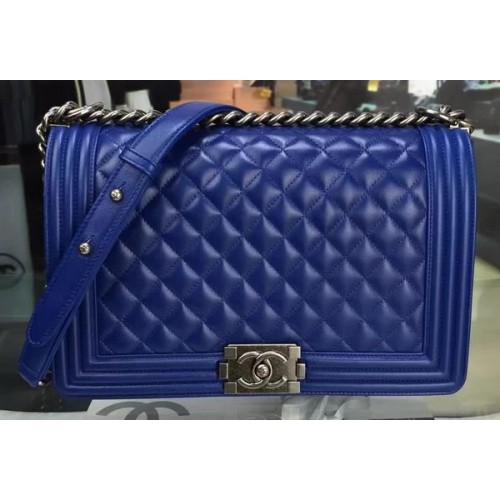 Boy Chanel Flap Bag Blauw Origineel Schapenleer A67088 Zilver