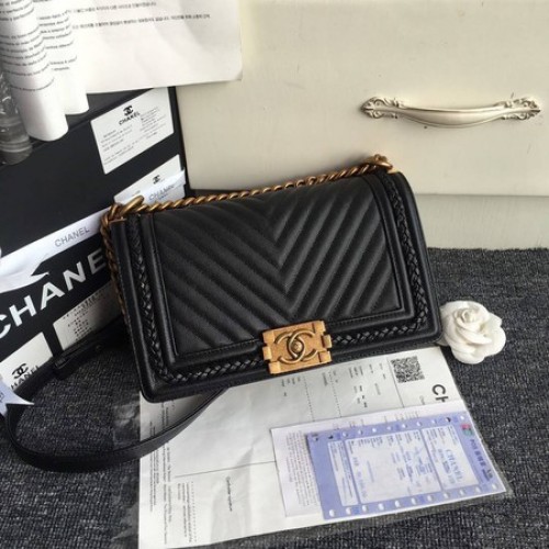 Boy Chanel Flap Bag Origineel Chevron Leer A67086 Zwart