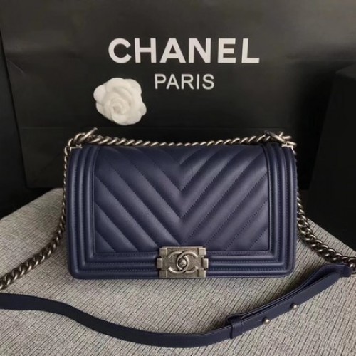 Boy Chanel Flap Bag Origineel Chevron Leer A67086V Blauw