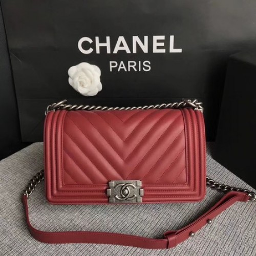 Boy Chanel Flap Bag Origineel Chevron Leer A67086V Rood
