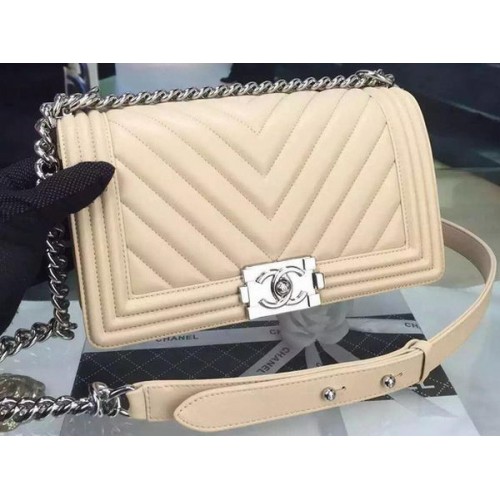 Boy Chanel Flap Bag Origineel Chevron Nubuck Leer A5708 Abrikoos