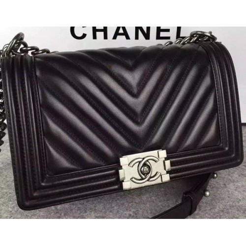 Boy Chanel Flap Bag Origineel Chevron Nubuck Leer A5708 Zwart