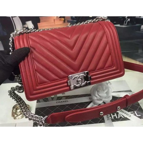 Boy Chanel Flap Bag Origineel Chevron Nubuck Leer A5708 Burgundy