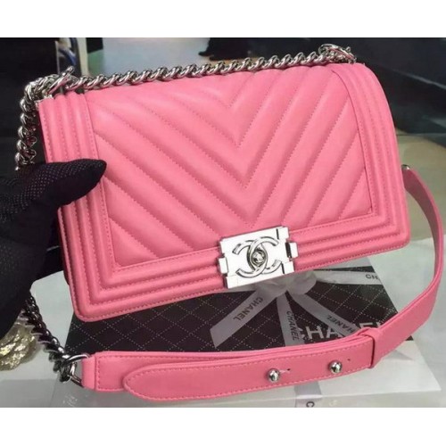Boy Chanel Flap Bag Origineel Chevron Nubuck Leer A5708 Rose