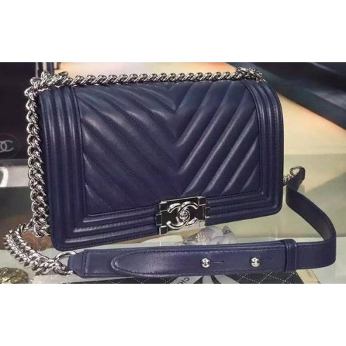 Boy Chanel Flap Bag Origineel Chevron Nubuck Leer A5708 Royal