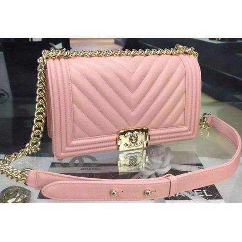 Boy Chanel Flap Bag Origineel Chevron Roze Nubuck Leer A5708 Goud