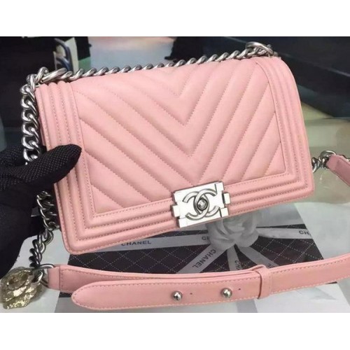 Boy Chanel Flap Bag Origineel Chevron Roze Nubuck Leer A5708 Zilver