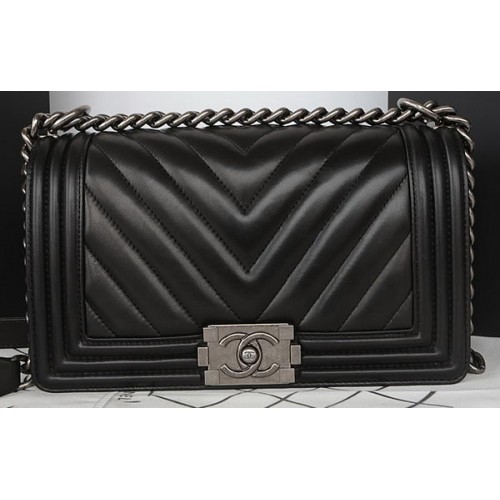 Boy Chanel Flap Bag Originele Chevron Schapenvacht A67025 Zwart