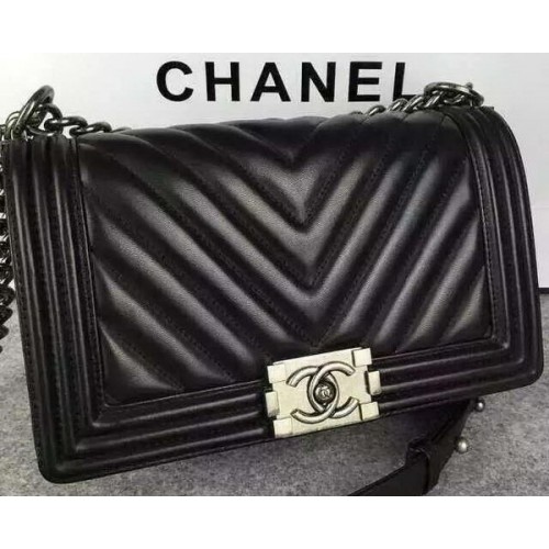 Boy Chanel Flap Bag Origineel Chevron Schapenleer A5708 Zwart