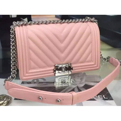 Boy Chanel Flap Bag Origineel Chevron Schapenleer A5708 Roze
