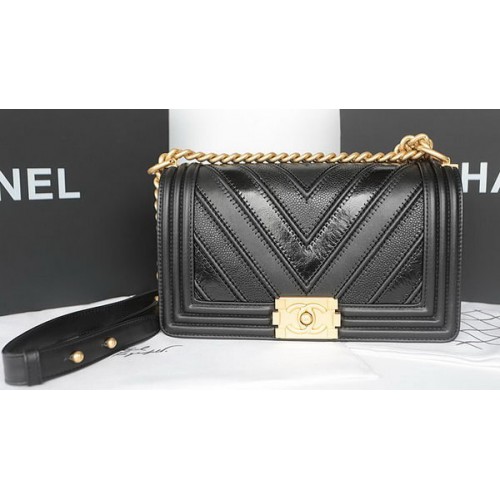 Boy Chanel Flap Bag Origineel Chevron Schapenleer A92193 Zwart
