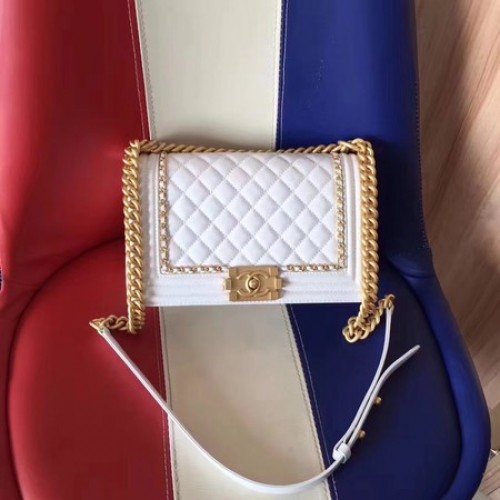 Boy Chanel Flap Bag Origineel Leer B67086 Wit
