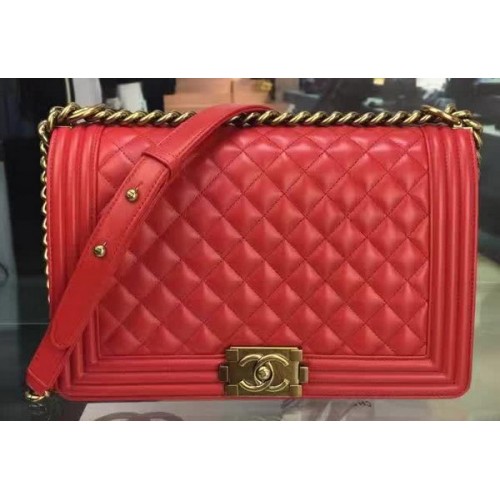 Boy Chanel Flap Bag Rood Origineel Schapenleer A67088 Goud