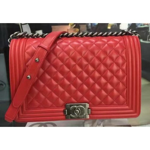 Boy Chanel Flap Bag Rood Origineel Schapenleer A67088 Zilver