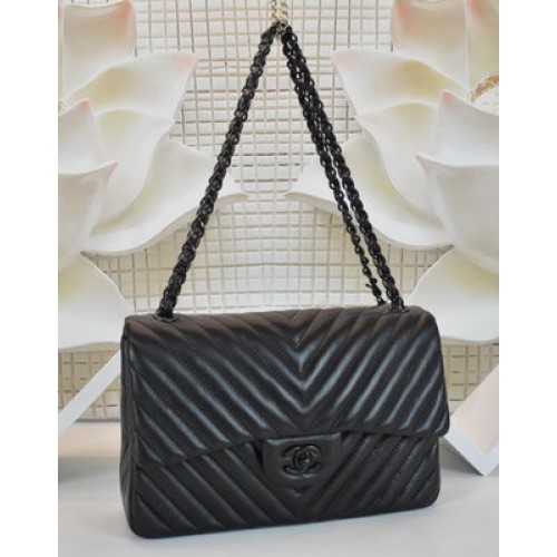 Boy Chanel Flap Bag Schapenvacht Chevron Quilting A64306 Zwart