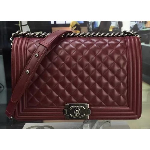 Boy Chanel Flap Bag Wijn Origineel Schapenleer A67088 Zilver