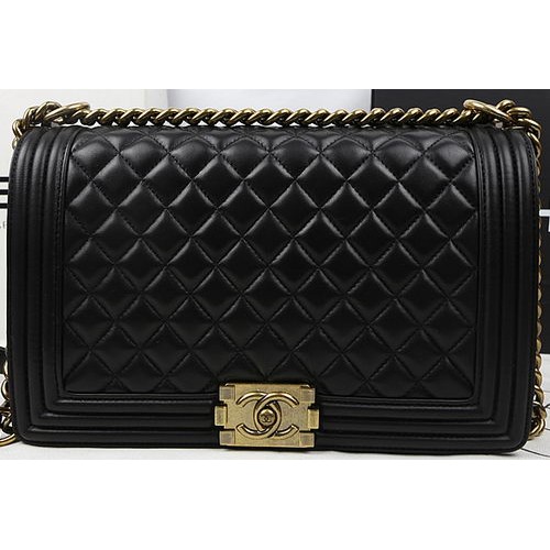 Boy Chanel Flap Bags Origineel Zwart Schapenleer A67088 Goud
