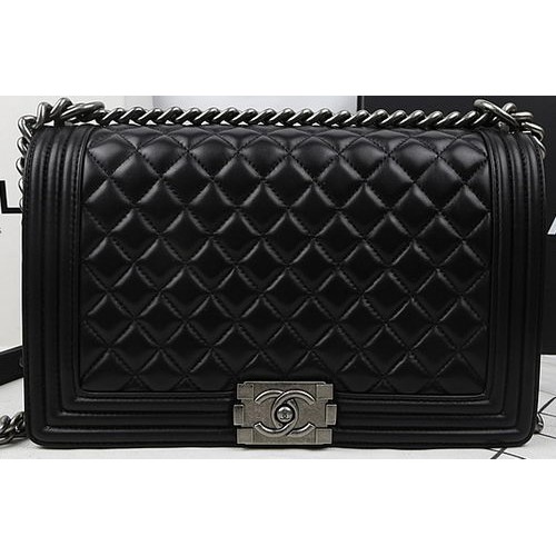 Boy Chanel Flap Bags Origineel Zwart Schapenleer A67088 Zilver