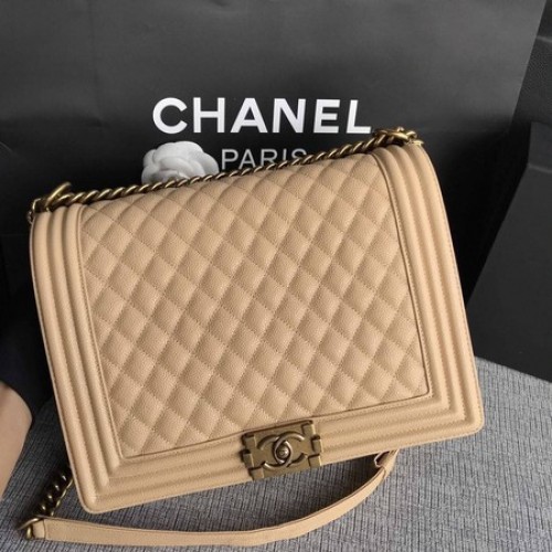 Boy Chanel Flap Schoudertas Abrikoos Origineel Cannage Patroon A67087 Goud