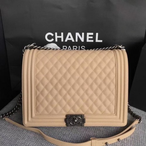 Boy Chanel Flap Schoudertas Abrikoos Origineel Cannage Patroon A67087 Zilver