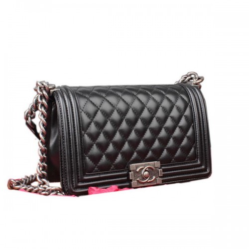Boy Chanel Flap Schoudertas Zwart Origineel Leer A67086 Zilver
