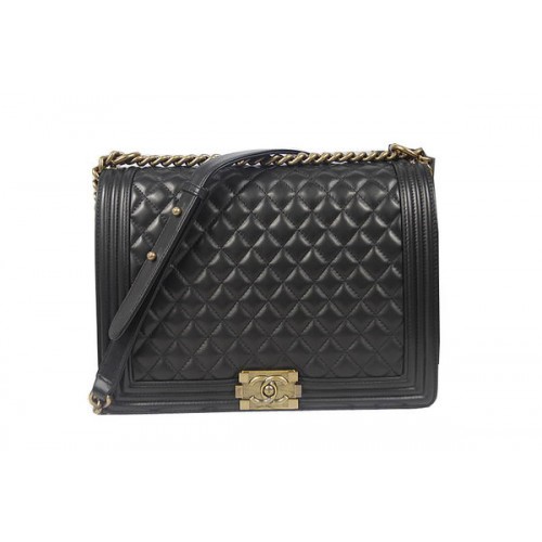 Boy Chanel Flap Schoudertas Zwart Originele Schapenvacht A67087 Messing