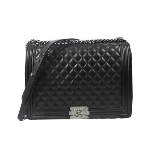 Boy Chanel Flap Schoudertas Zwart Originele Schapenvacht A67087 Zilver