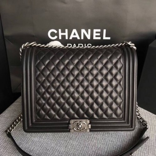 Boy Chanel Flap Schoudertas Zwart Origineel Schapenleer A67087 Zilver