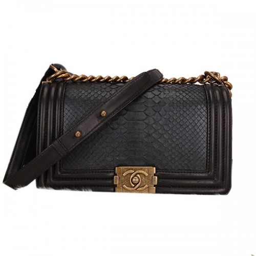 Boy Chanel Flap Schoudertas Zwart Origineel Slangenleer A67086 Goud