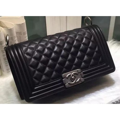 Boy Chanel Flap Schoudertas Zwart Schapenleer A67086 Zilver