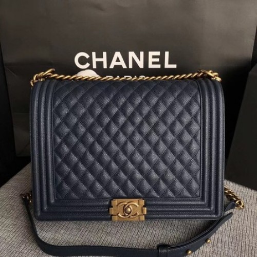 Boy Chanel Flap Schoudertas Blauw Origineel Cannage Patroon A67087 Goud