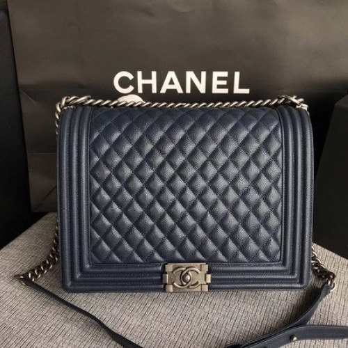 Boy Chanel Flap Schoudertas Blauw Origineel Cannage Patroon A67087 Zilver
