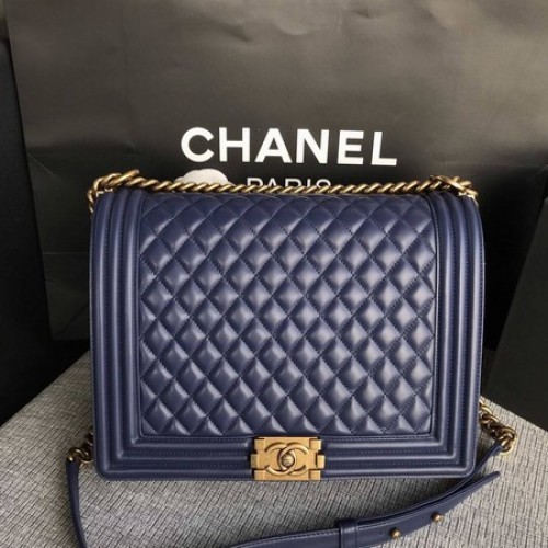 Boy Chanel Flap Schoudertas Blauw Origineel Schapenleer A67087 Goud