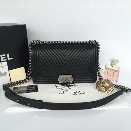 Boy Chanel Flap Schoudertas Visgraat Stiksel A92828 Zwart