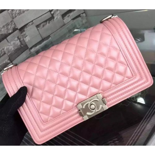 Boy Chanel Flap Schoudertas Roze Schapenleer A67086 Zilver