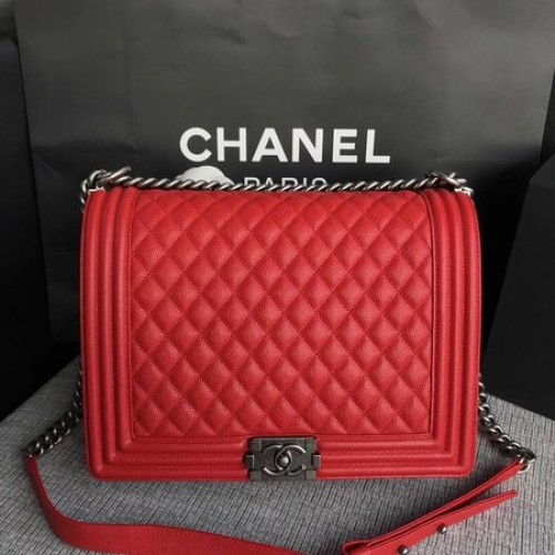 Boy Chanel Flap Schoudertas Rood Origineel Cannage Patroon A67087 Zilver