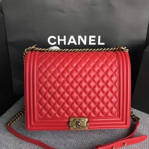 Boy Chanel Flap Schoudertas Rood Origineel Schapenleer A67087 Goud