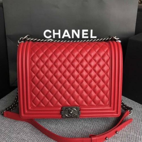 Boy Chanel Flap Schoudertas Rood Origineel Schapenleer A67087 Zilver