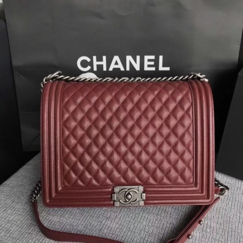 Boy Chanel Flap Schoudertas Wijn Origineel Cannage Patroon A67087 Zilver