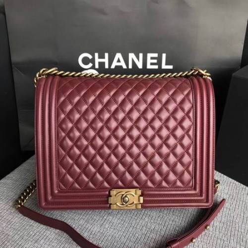 Boy Chanel Flap Schoudertas Wijn Origineel Schapenleer A67087 Goud