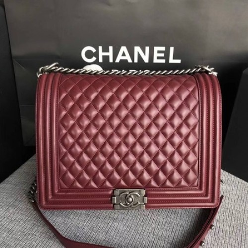Boy Chanel Flap Schoudertas Wijn Origineel Schapenleer A67087 Zilver