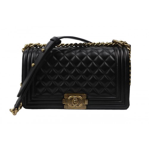 Boy Chanel Flap Schoudertassen Zwart Originele Schapenvacht A67025 Goud