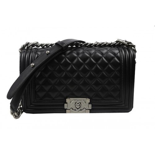 Boy Chanel Flap Schoudertassen Zwart Originele Schapenvacht A67025 Zilver