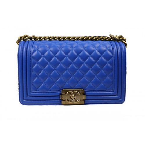 Boy Chanel Flap Schoudertassen Blauw Originele Schapenvacht A67025 Goud